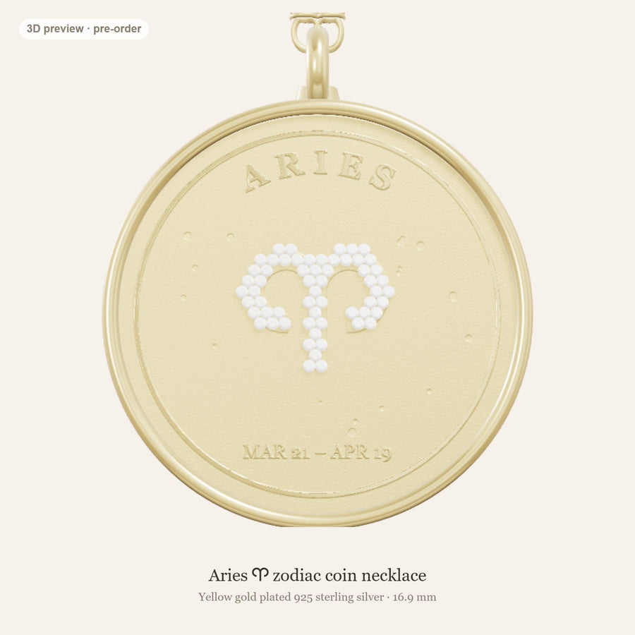 Aries zodiac constellation coin necklace in 925 sterling silver with lab-grown diamond stars and a natural diamond birthstone, 3D preview 1 of 4