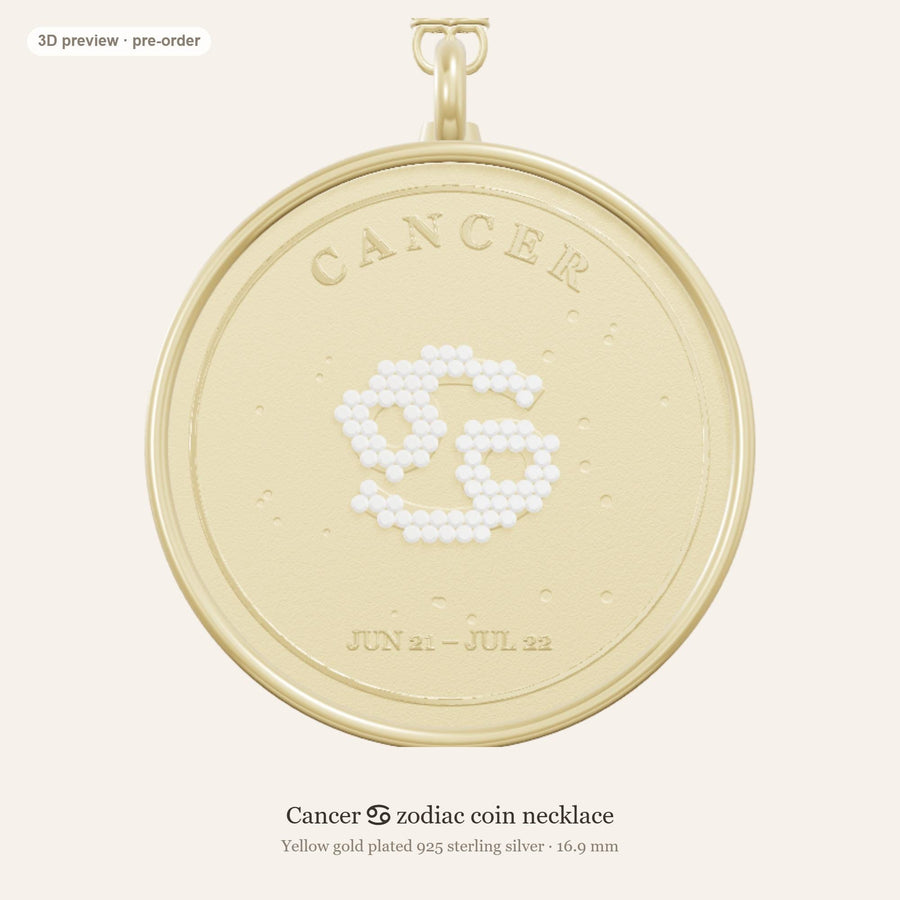 Cancer zodiac constellation coin necklace in 925 sterling silver with lab-grown diamond stars and a natural ruby birthstone, 3D preview 1 of 4