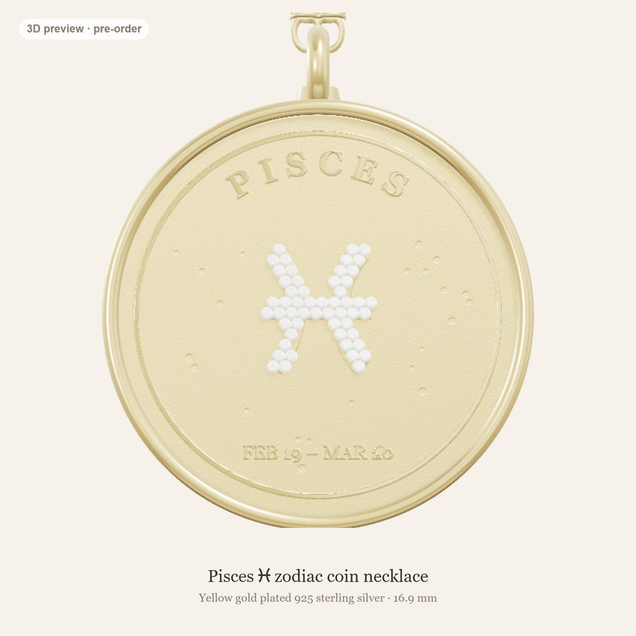 Pisces zodiac constellation coin necklace in 925 sterling silver with lab-grown diamond stars and a natural aquamarine birthstone, 3D preview 1 of 4