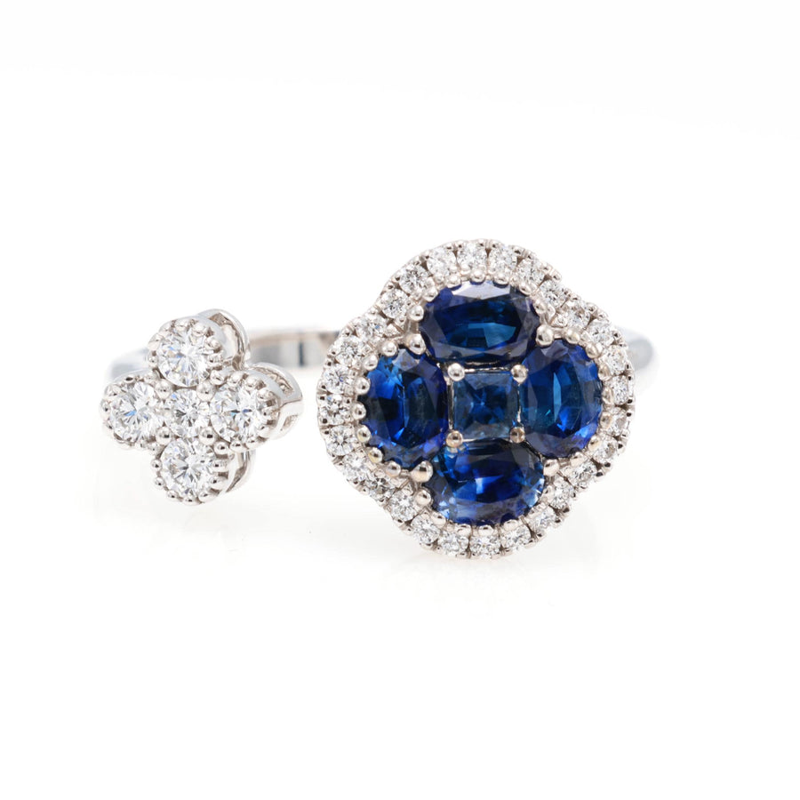 Blue Sapphire Clover Toi et Moi Ring with Diamonds, 18K White Gold