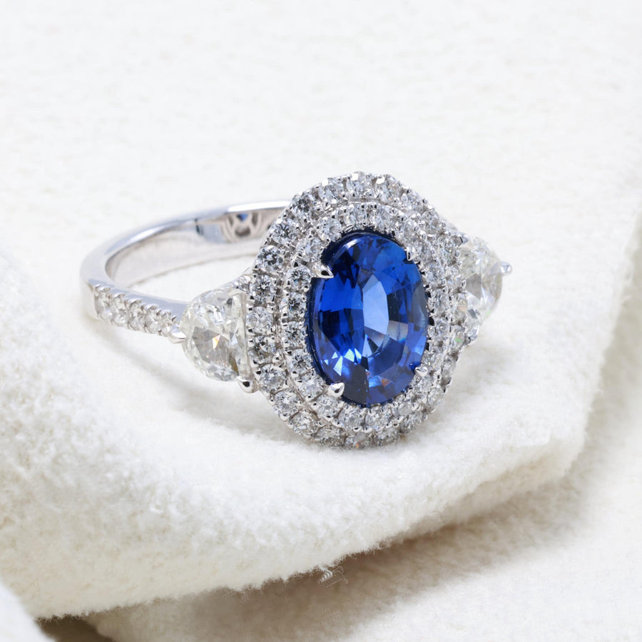 Oval Sapphire Double Halo Ring with Diamonds, 1.76 ct, 18K White Gold