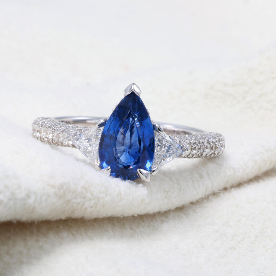 Pear or Oval Blue Sapphire Diamond Ring, 18K White Gold