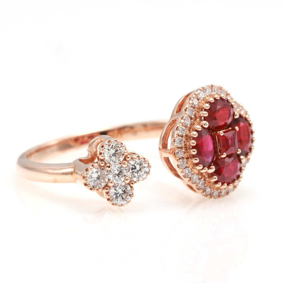 Ruby Clover Toi et Moi Ring with Diamonds, 18K Rose Gold