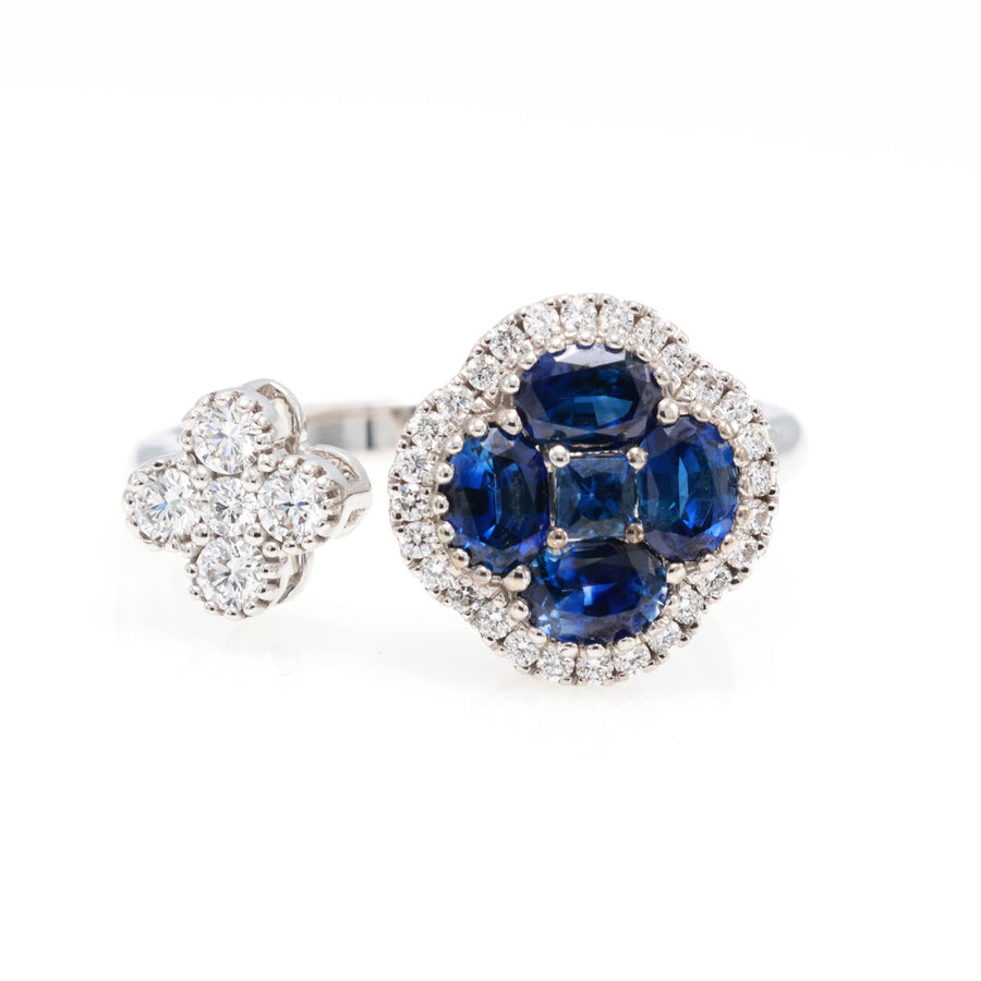 Sapphire or Ruby Clover Toi et Moi Ring with Diamonds, 18K Gold
