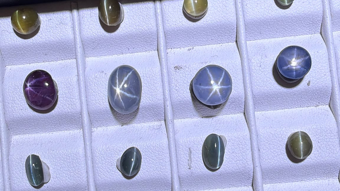 Natural star sapphires and a star ruby with six-rayed stars on a display tray