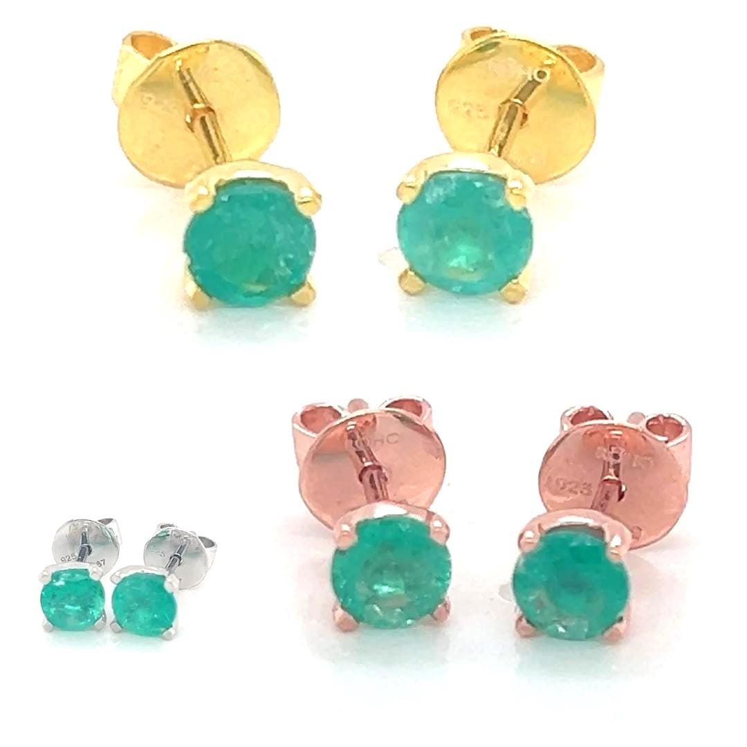 Colombian emerald stud earrings in yellow gold, rose gold and white 925 sterling silver, a gift under $500