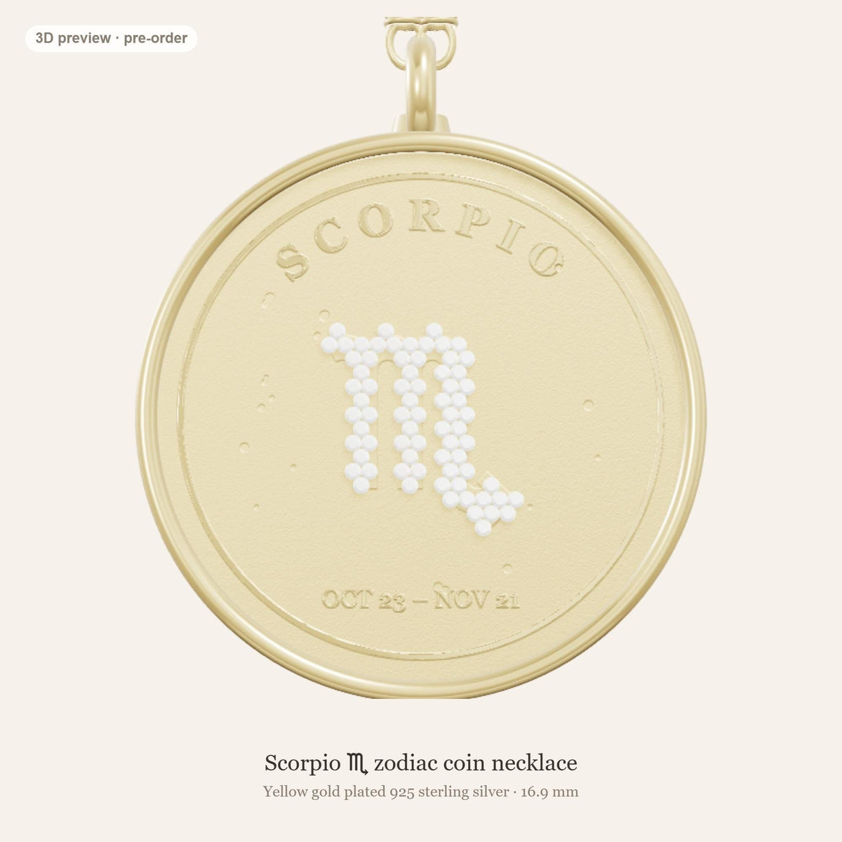 Scorpio zodiac constellation coin pendant in gold, 3D render