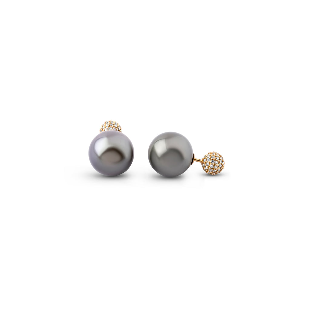 Tahitian pearl and diamond front-back earrings in 18K yellow gold