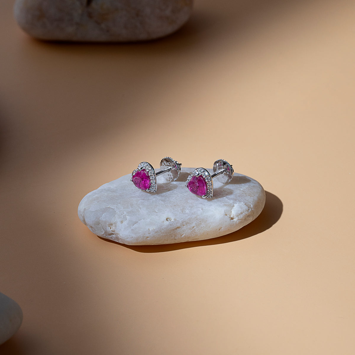 Pink sapphire and diamond heart halo stud earrings in 18K white gold, view 4