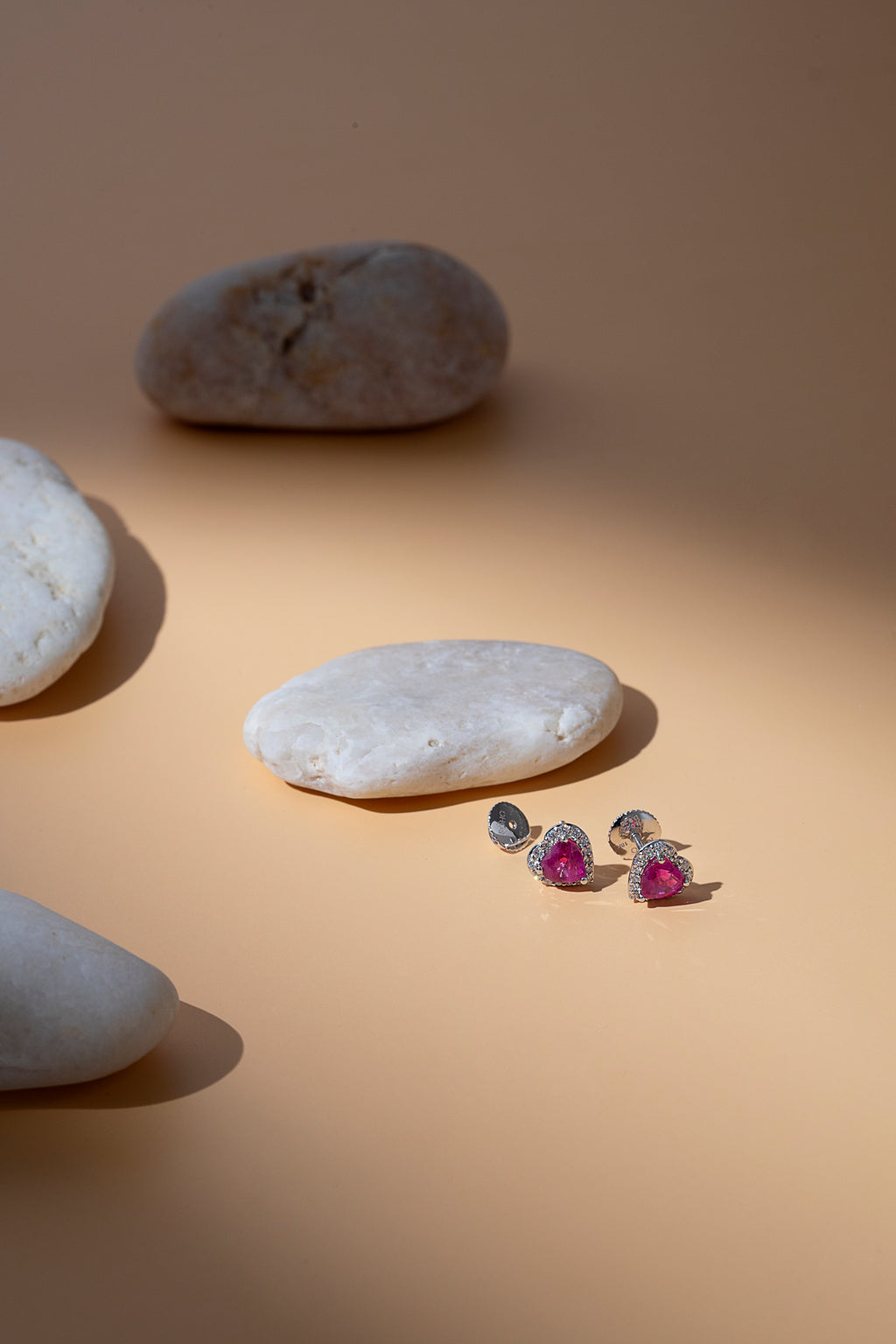 Pink sapphire and diamond heart halo stud earrings in 18K white gold, view 3