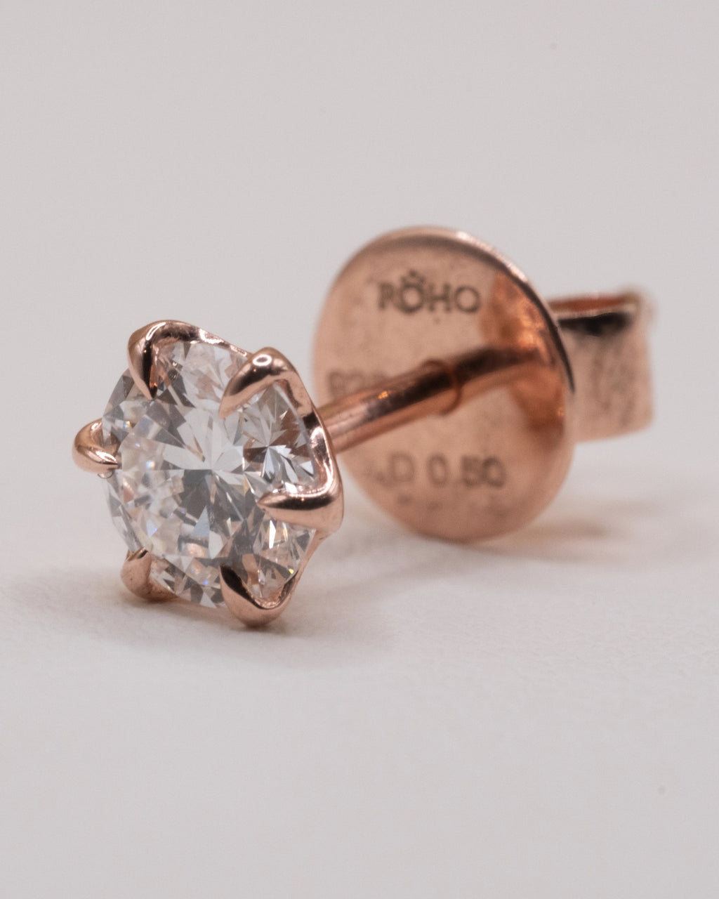 Side view of a diamond stud in rose gold plated 925 silver with push back