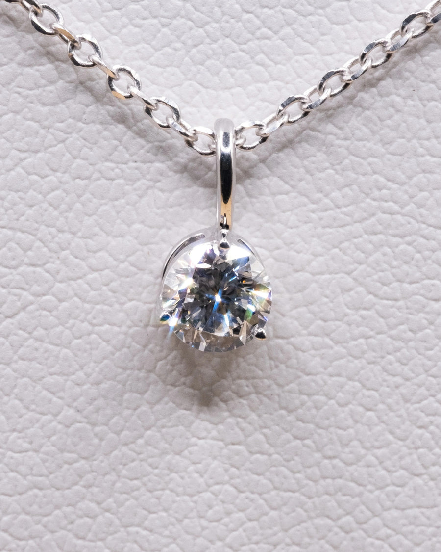 Close up of the 0.50 ct lab-grown diamond pendant in a white rhodium setting