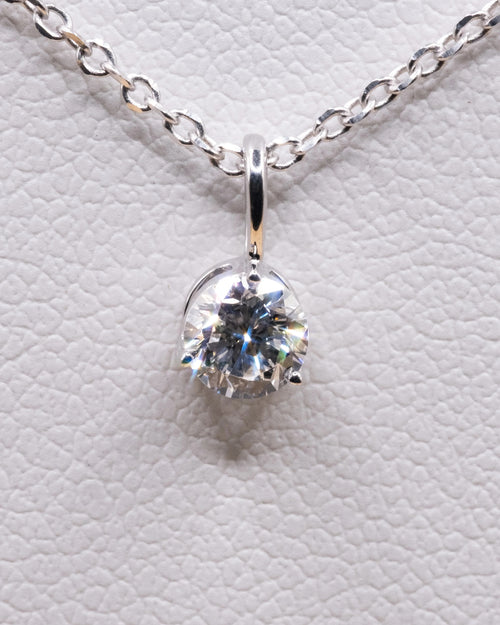 Close up of the 0.50 ct lab-grown diamond pendant in a white rhodium setting