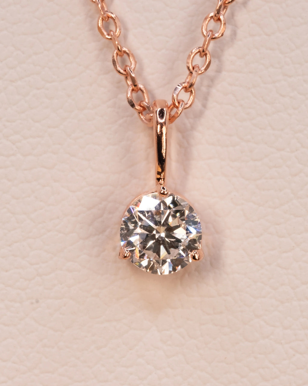 Close up of the 0.50 ct lab-grown diamond pendant in a rose gold plated setting