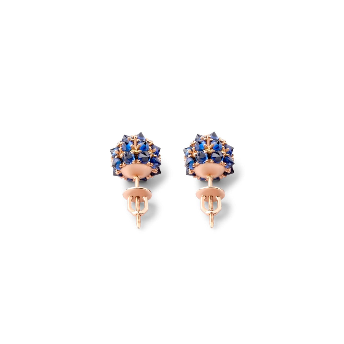Blue sapphire spike ball stud earrings in 18K gold, view 17