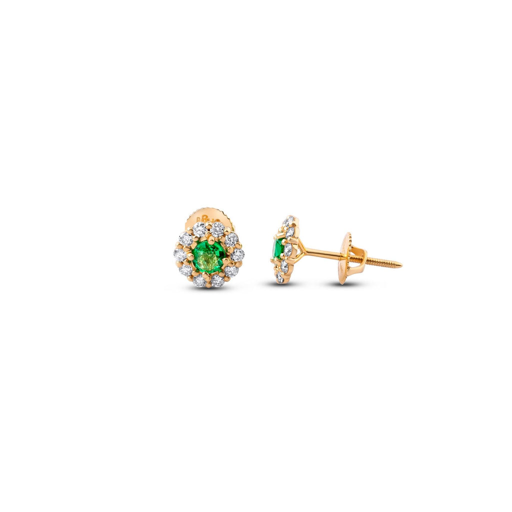 Zambian emerald and diamond halo stud earrings in 18K gold, view 6