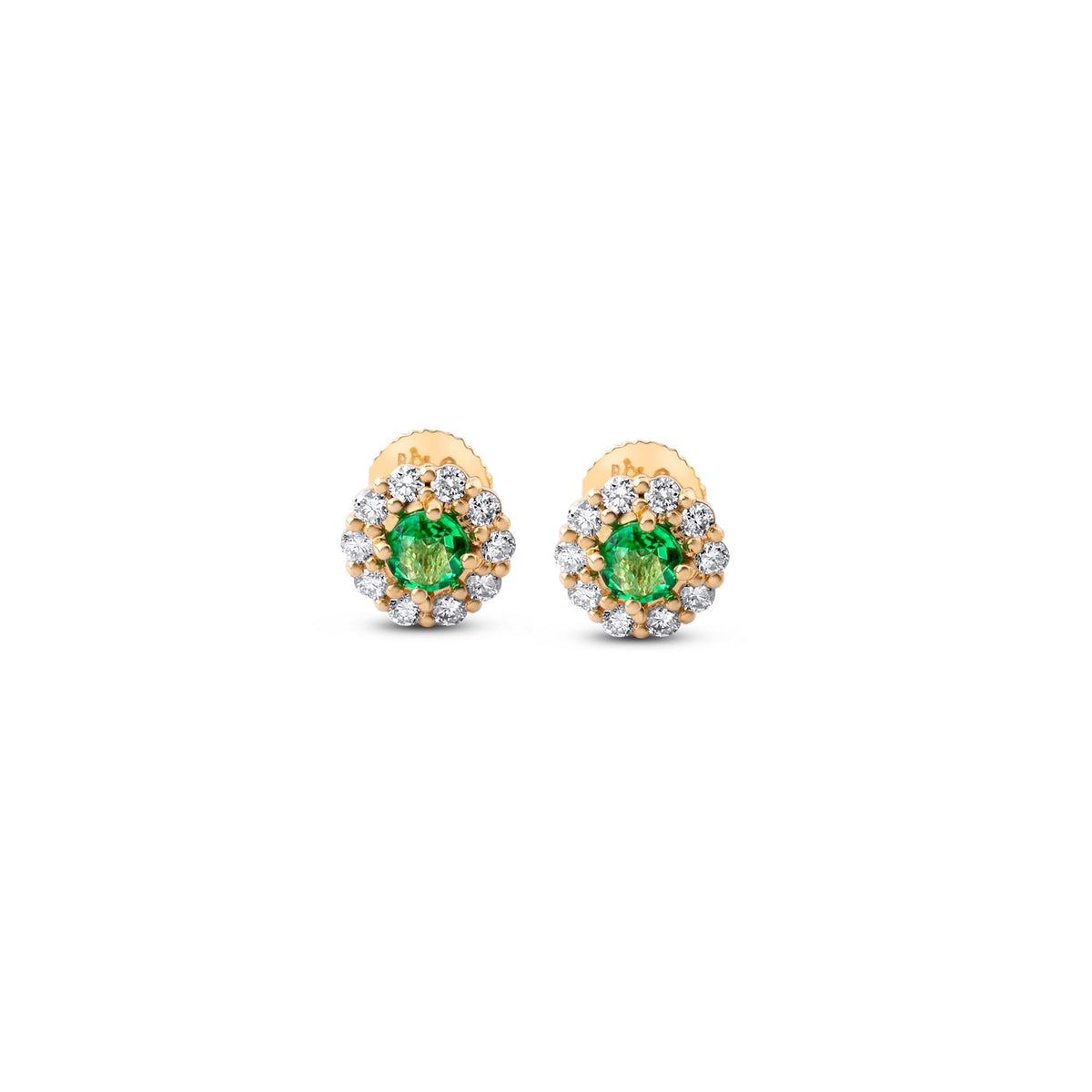 Zambian emerald and diamond halo stud earrings in 18K gold