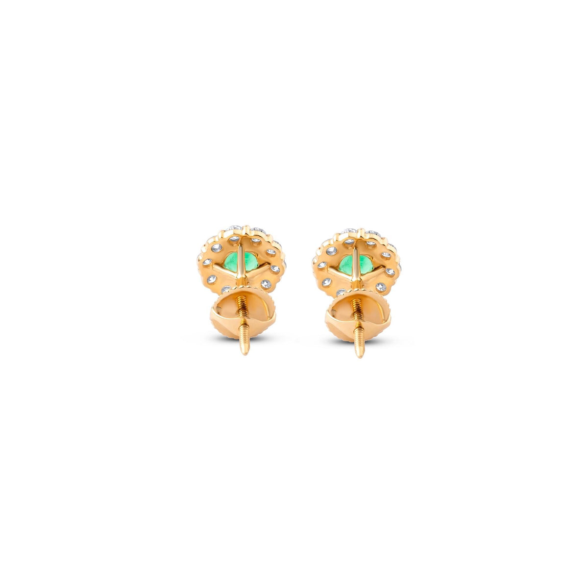 Zambian emerald and diamond halo stud earrings in 18K gold, view 7
