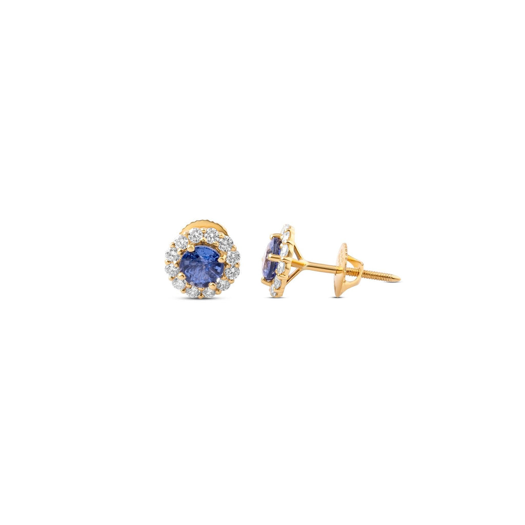 Blue sapphire and diamond halo stud earrings in 18K yellow gold, 5 mm, view 5