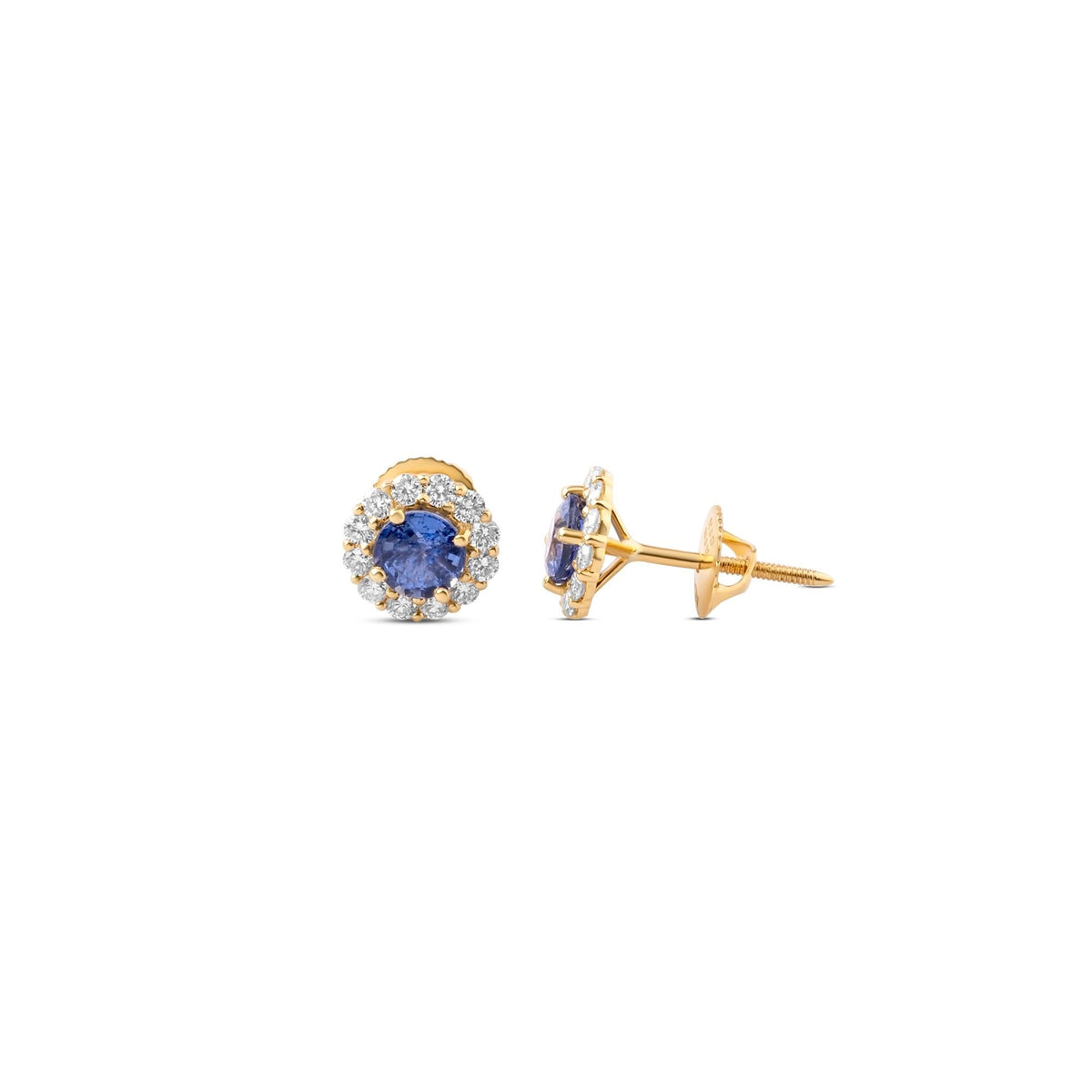 Blue sapphire and diamond halo stud earrings in 18K yellow gold, 5 mm, view 5