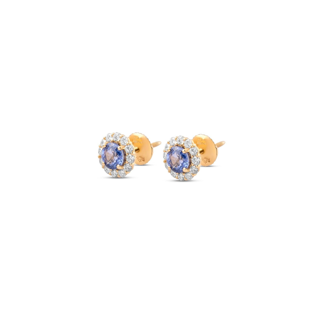 Blue sapphire and diamond halo stud earrings in 18K yellow gold, 5 mm