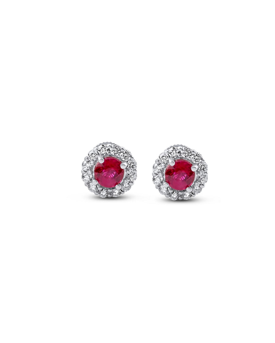 Pair of natural Mozambique ruby studs with floral diamond halos in 18K white gold