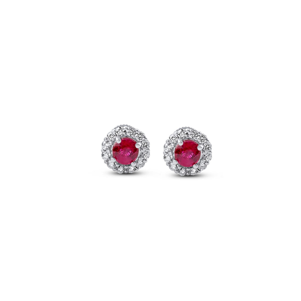 Ruby and diamond flower halo stud earrings in 18K white gold, view 2