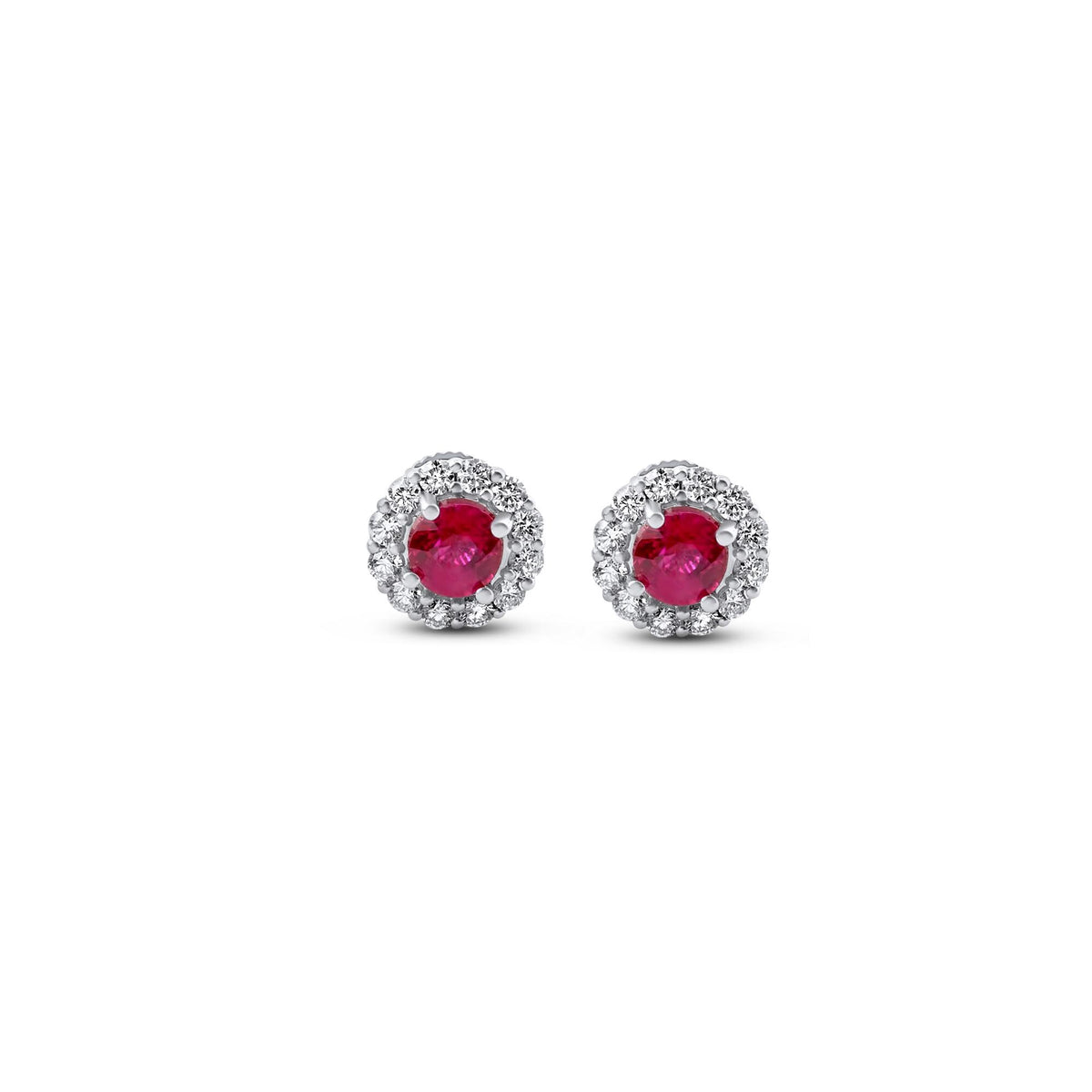 Ruby and diamond flower halo stud earrings in 18K white gold, view 2