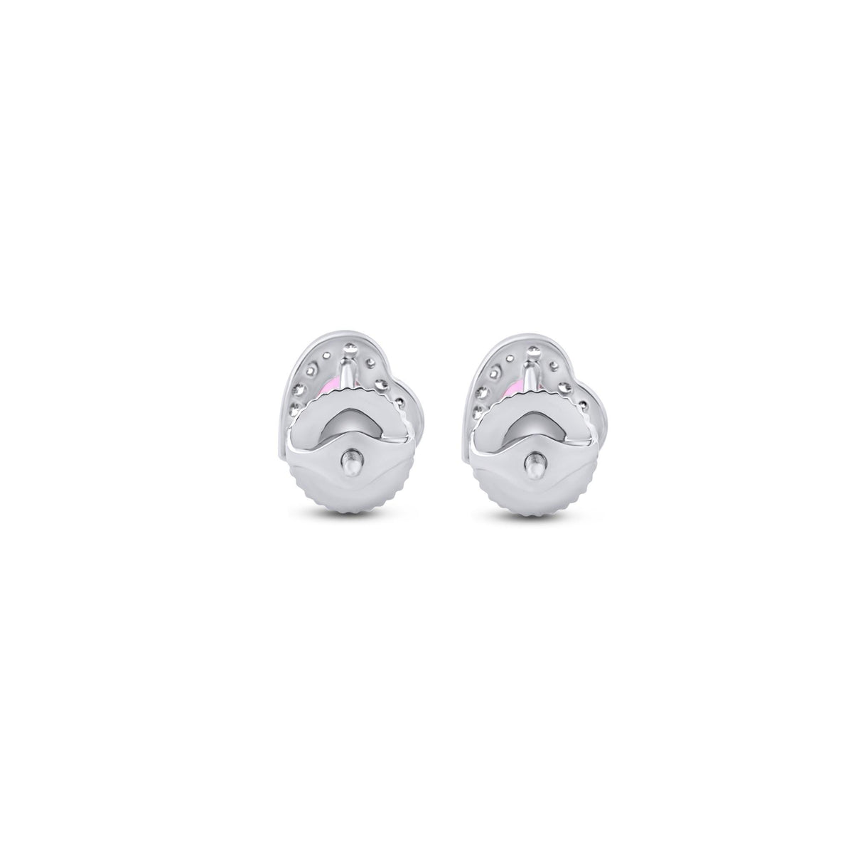 Pendientes de botón pequeños de corazón con zafiro rosa y diamantes en oro blanco de 18K, vista 8