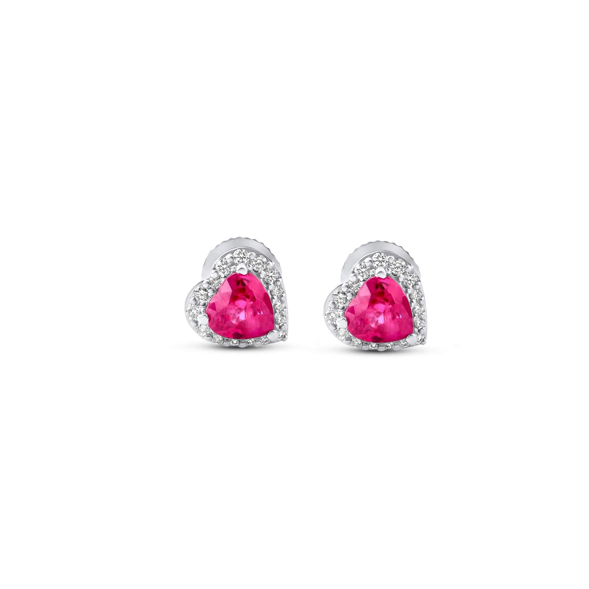 Pink sapphire and diamond heart halo stud earrings in 18K white gold