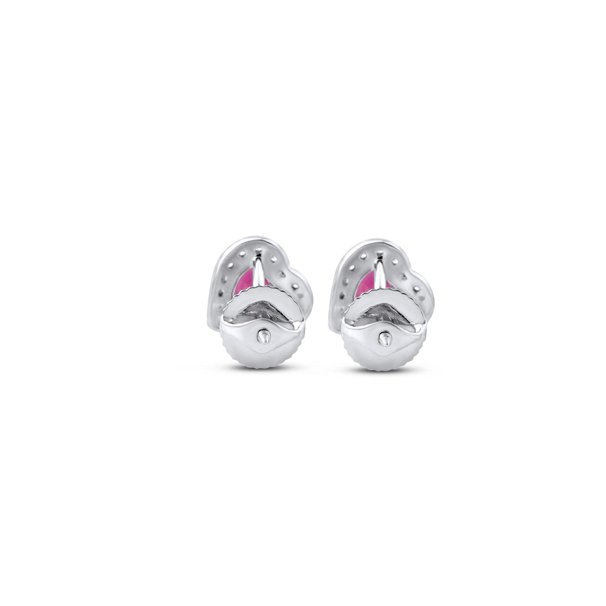 Pink sapphire and diamond heart halo stud earrings in 18K white gold, view 11