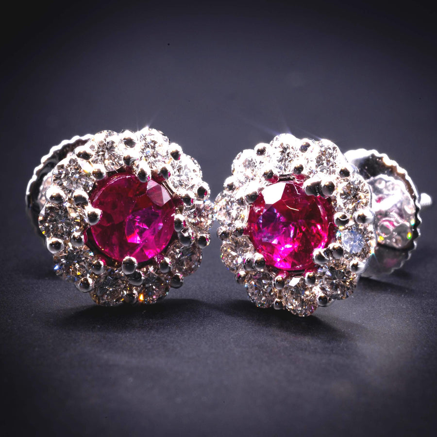 Ruby and diamond halo stud earrings in 18K white gold, view 10