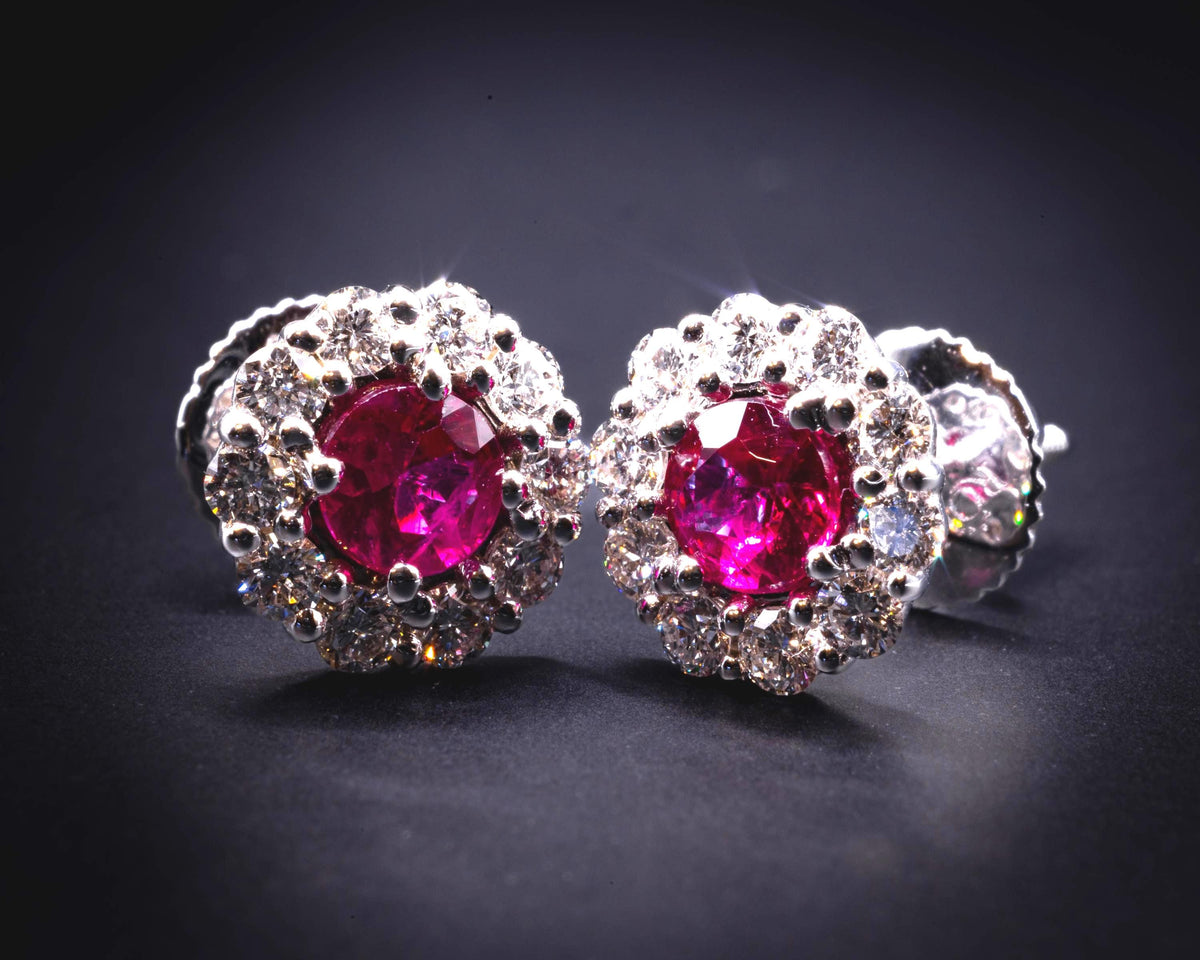 Ruby and diamond halo stud earrings in 18K white gold, view 10