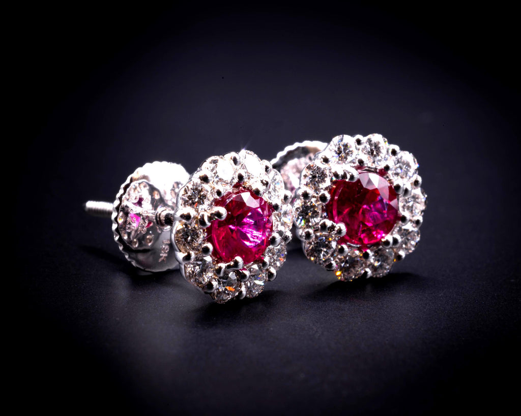 Ruby and diamond halo stud earrings in 18K white gold, view 11