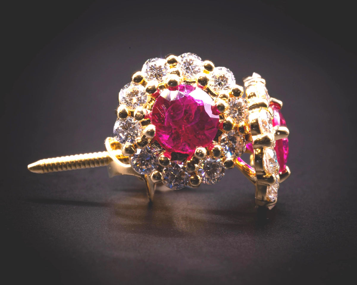 Ruby and diamond halo stud earrings in 18K yellow gold, 4.5 mm, view 5