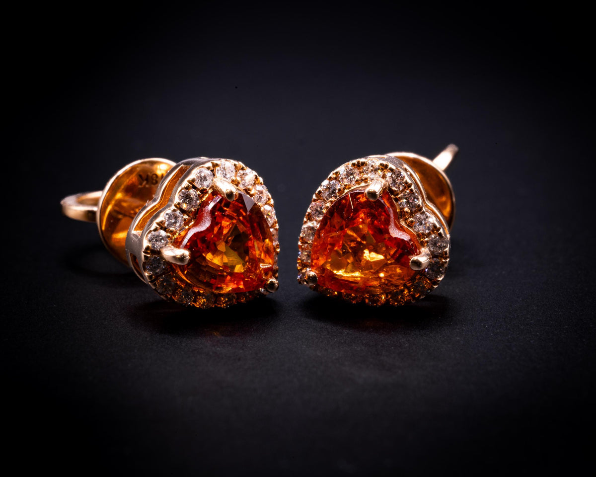 Orange sapphire and diamond heart halo stud earrings in 18K gold, view 5