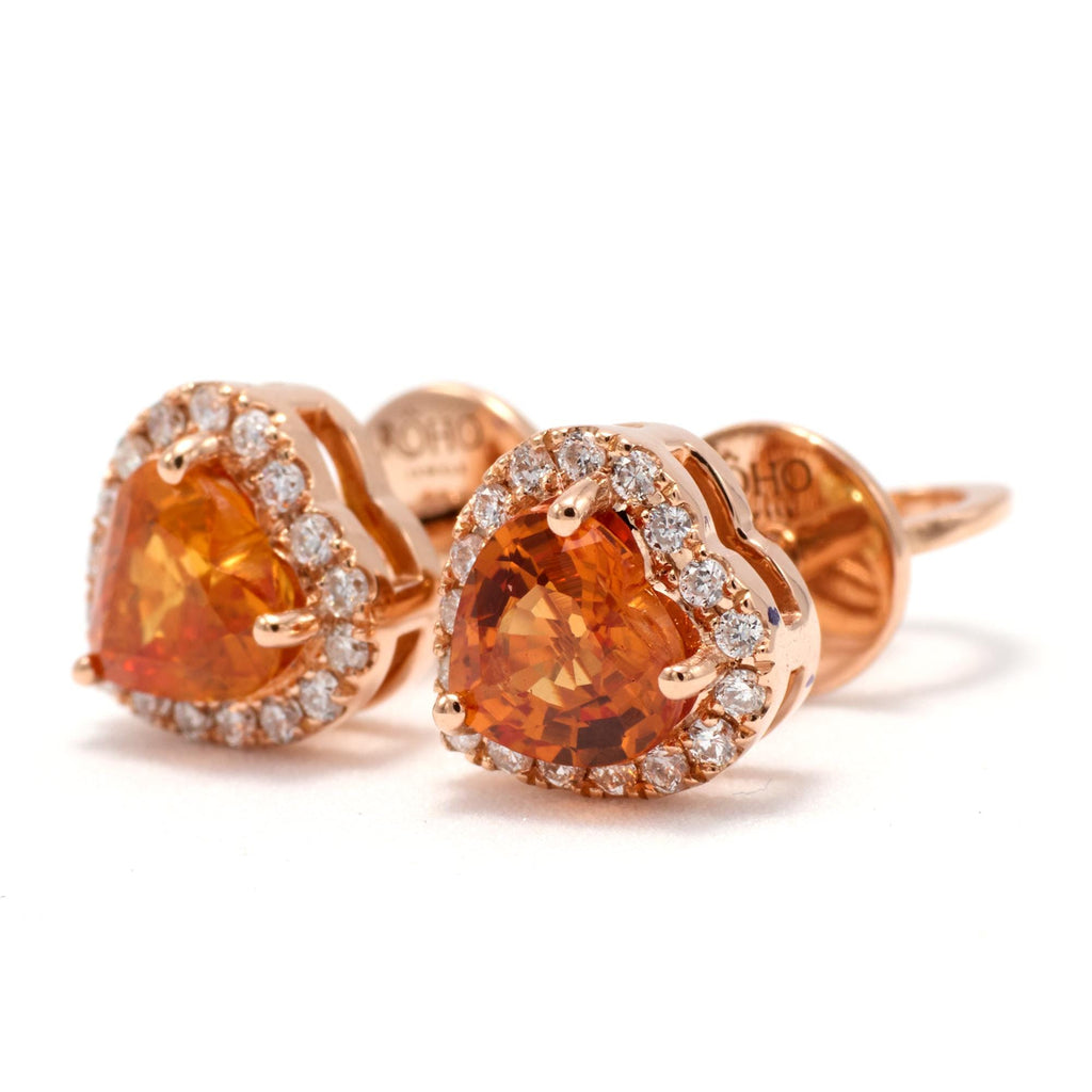Puces d'oreilles cœur halo saphir orange et diamants en or 18K, vue 12