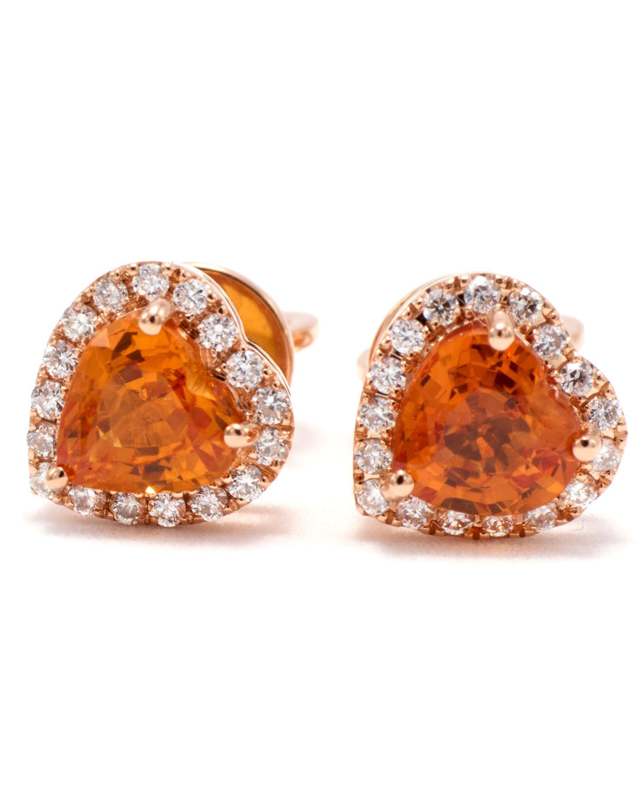 Orange sapphire and diamond heart halo stud earrings in 18K rose gold on white