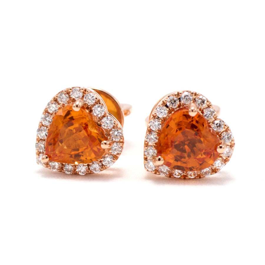 Orange sapphire and diamond heart halo stud earrings in 18K gold