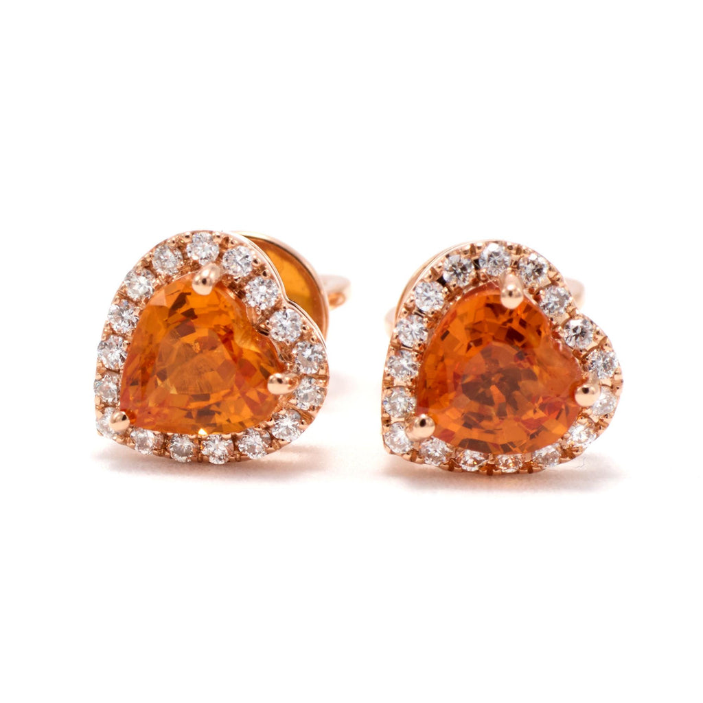 Puces d'oreilles cœur halo saphir orange et diamants en or 18K