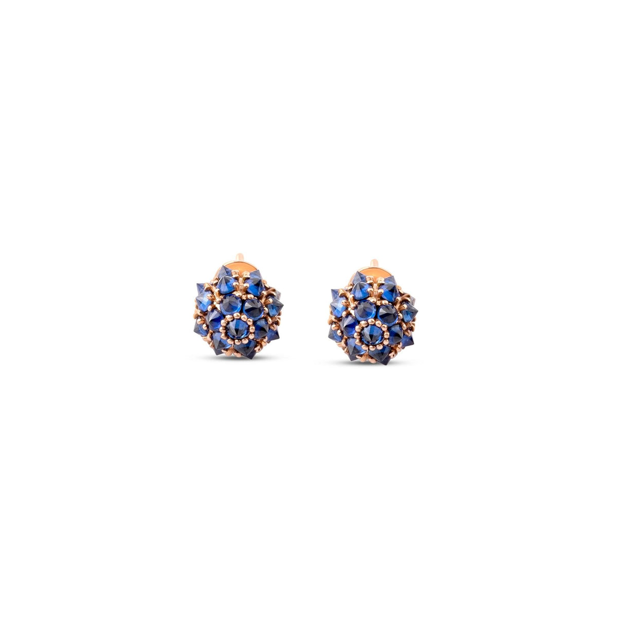 Blue sapphire spike ball stud earrings in 18K gold, view 13