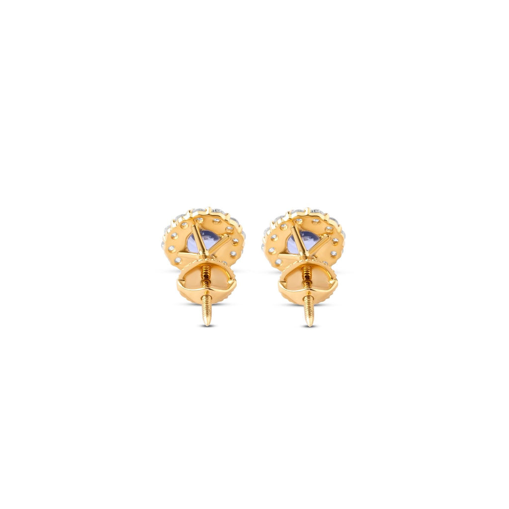 Blue sapphire and diamond halo stud earrings in 18K yellow gold, 5 mm, view 9