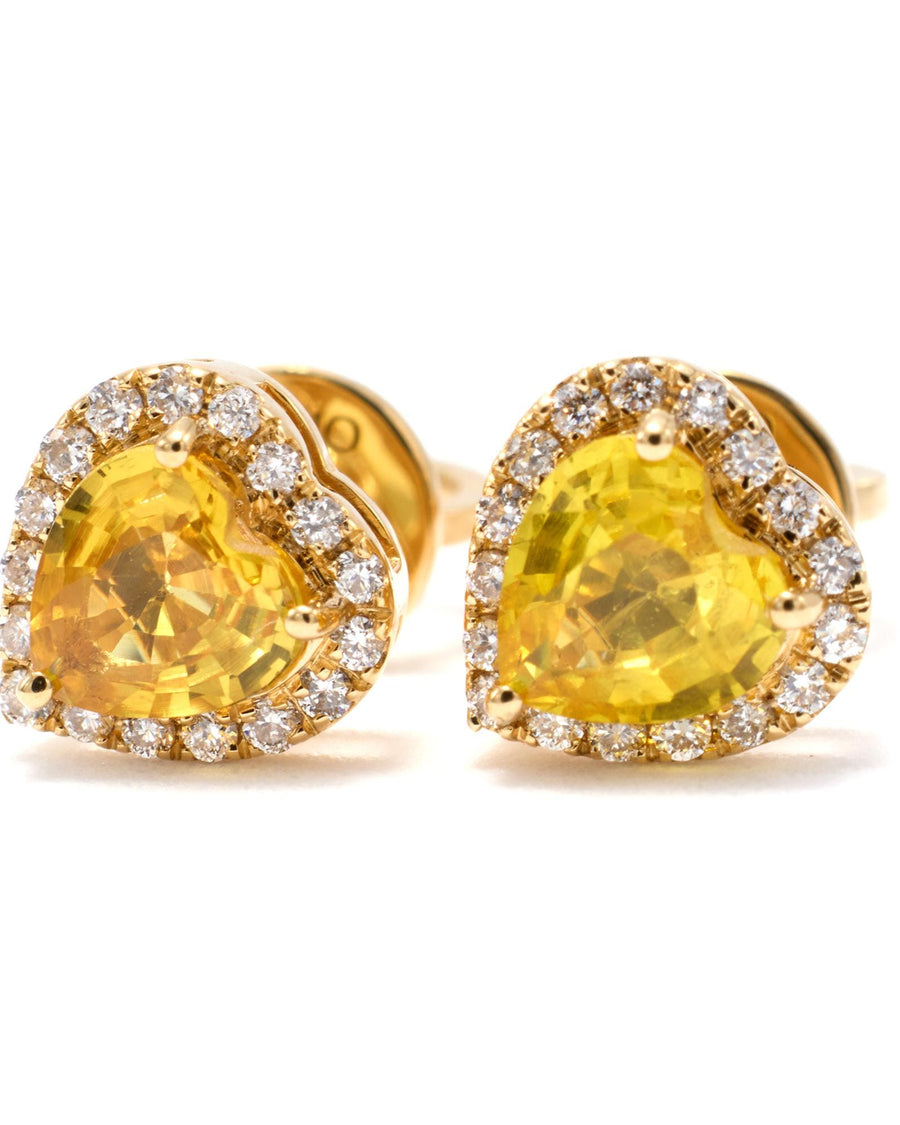 Natural Ceylon yellow sapphire heart studs with diamond halos in solid 18K gold, front view