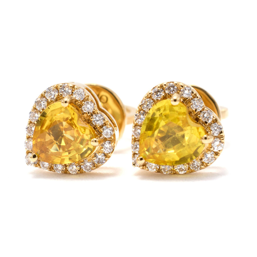 Yellow sapphire and diamond heart halo stud earrings in 18K rose gold