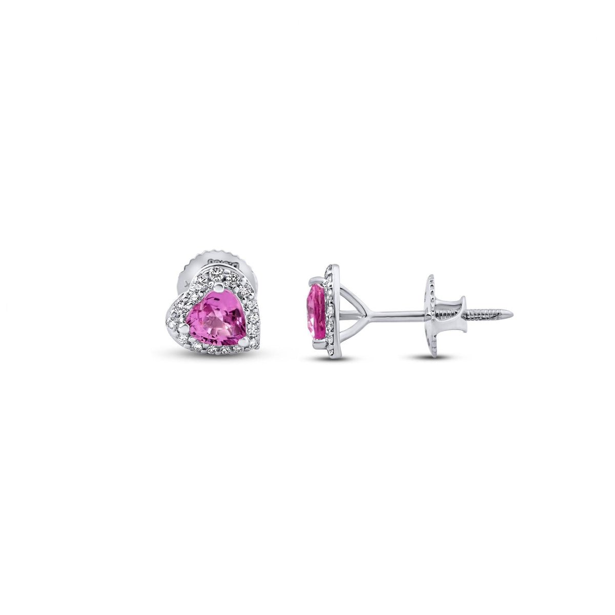 Pendientes de botón pequeños de corazón con zafiro rosa y diamantes en oro blanco de 18K, vista 6