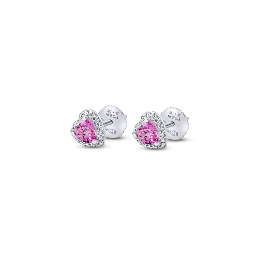 Pendientes de botón pequeños de corazón con zafiro rosa y diamantes en oro blanco de 18K, vista 7