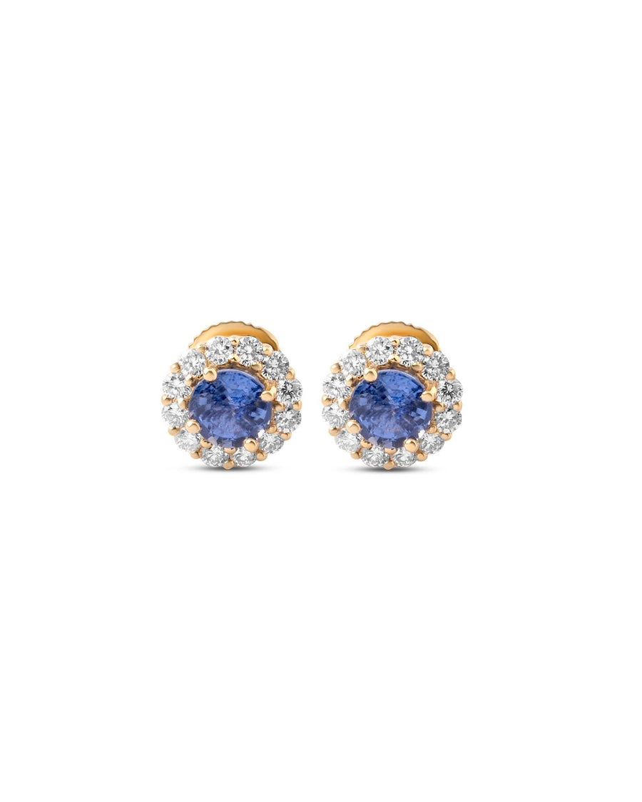 Pair of 5 mm natural Ceylon blue sapphire studs with diamond halos in 18K yellow gold