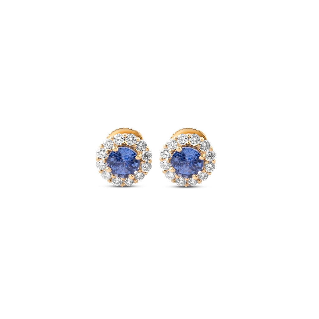 Blue sapphire and diamond halo stud earrings in 18K yellow gold, 5 mm, view 2