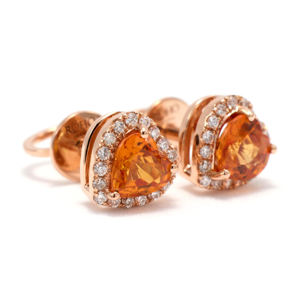 Puces d'oreilles cœur halo saphir orange et diamants en or 18K, vue 3