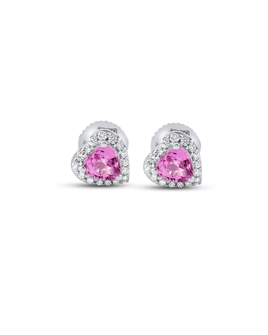 Small pink sapphire and diamond heart stud earrings in solid 18K white gold on white